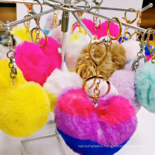 Wholesale Heart Shape Faux Rabbit Pompom Keychain Women Fluffy Pompon KeyChain Pom Pom Keyring